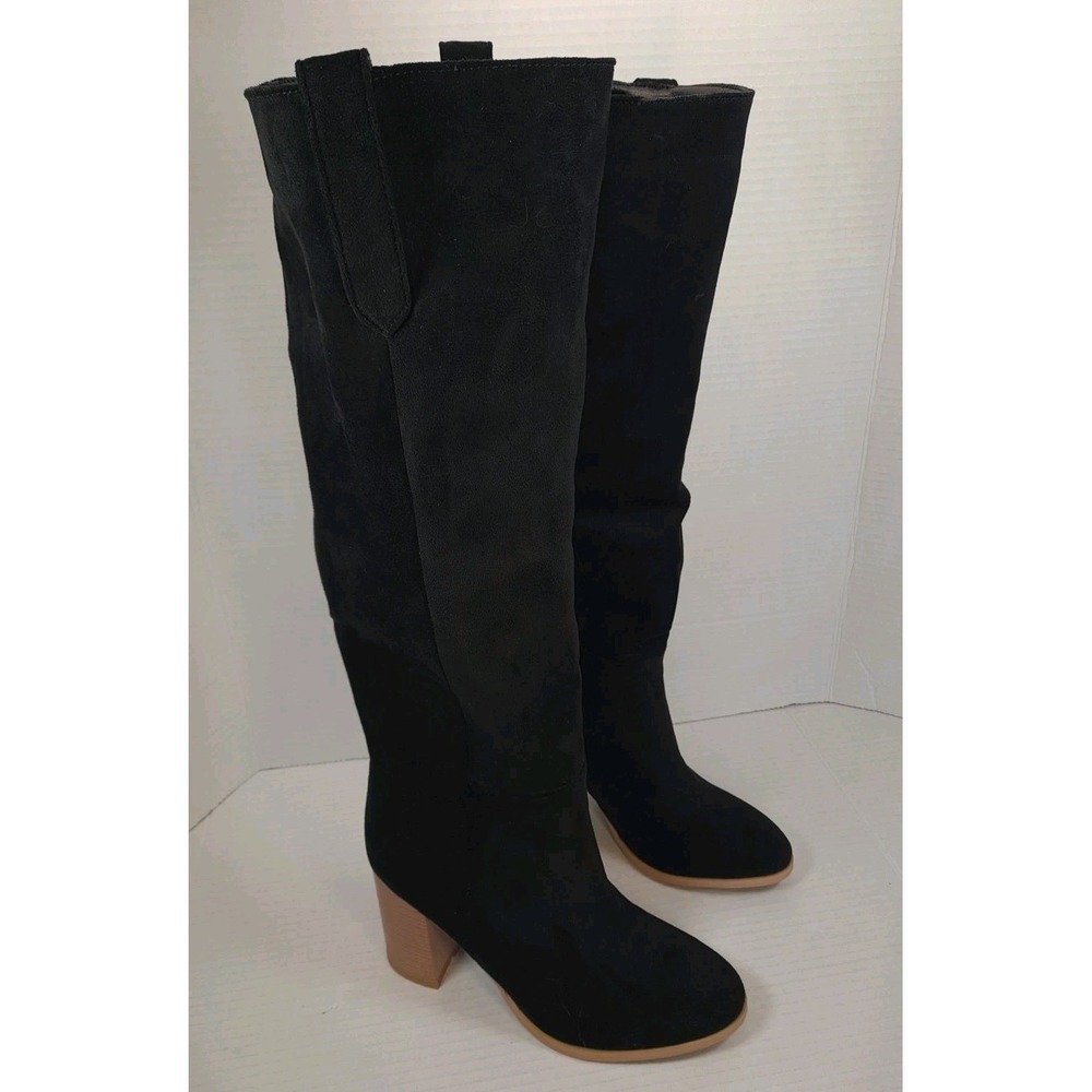 AIJIVOU Women's Black Suede‎ Knee High Boots Chunky Brown Heel Size 5.5